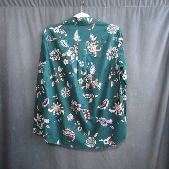 Talbots Teal Green Floral Button Front Top Womens Size M Cotton Long Sleeve - Picture 5 of 8